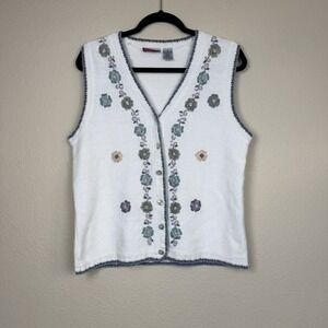 VTG Tan Jay White Knit Sweater Vest Embroidered Floral Sz S Grandmacore Teacher
